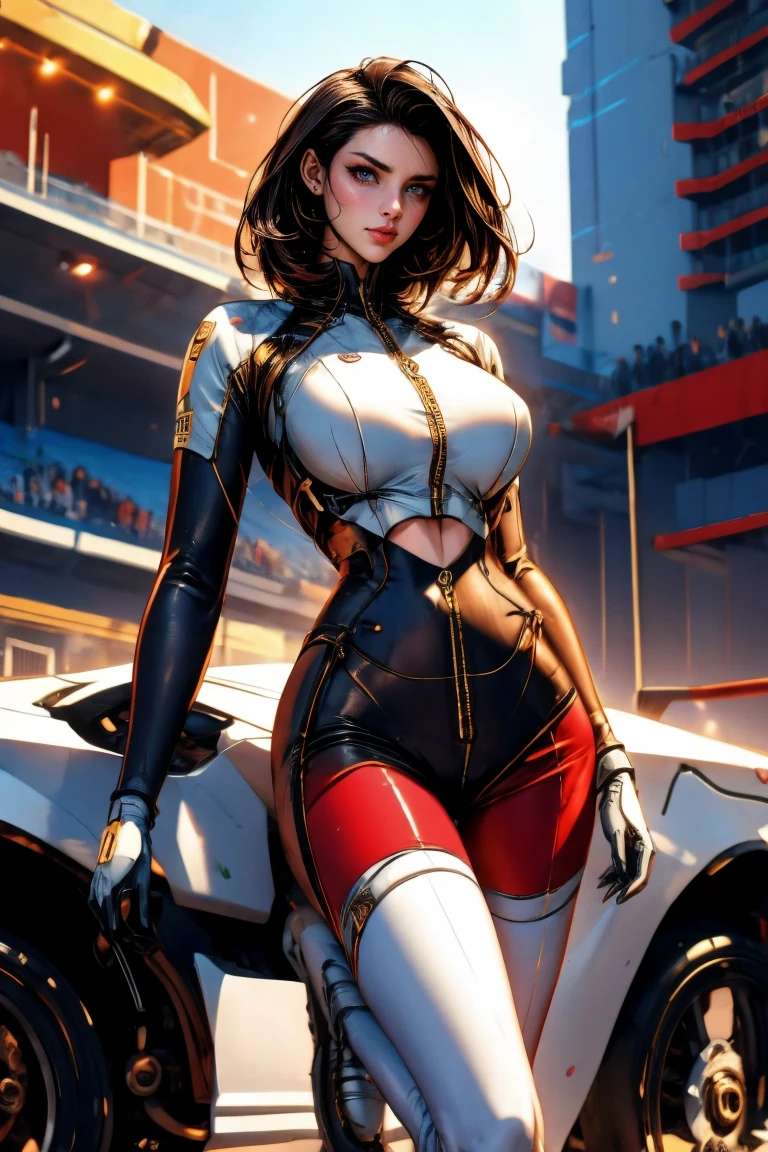 ((Best quality)), ((masterpiece)), (detailed: 1.4), (Absurd), Indian woman fighter pilot in mini skirt ready for war, back, perfect ass, dark afro skin, typical ornaments of India, typical jewelry of India, muscular sculptural body defined, half thick naked thighs, closed mouth, muscular body covered by technological clothing, Neon Genesis Evangelion style, cyberpunk, generous neckline,  ((perfect medium breasts)), (brown eyes without pupils), ((red, white and green clothing)), (((black hair fulfilled)))), (tiger stripes on arms), long eyelashes heavy makeup, mini skirt, garter belt, by mucha, niji --V5, close to real, psychopath, crazy face, sexy pose, background with a giant Gundam style robot head, 2 piece clothing, shoulder pads with airplane wings on the back,  pastel, centered, scale to fit dimensions, HDR (High Dynamic Range),Ray Tracing,NVIDIA RTX,Super-Resolution,Unreal 5,Subsurface dispersion, PBR texture, Post-processing, Anisotropic filtering, Depth of field, Maximum clarity and sharpness, Multilayer textures, Albedo and specular maps, Surface shading, Accurate simulation of light-material interaction, Perfect proportions, Octane Render, Two-tone lighting, Wide aperture,  Low ISO, White balance, Rule of thirds, 8K RAW, crysisnanosuit