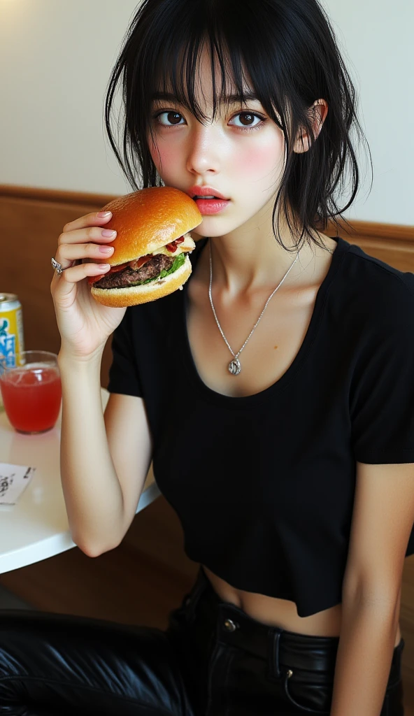 (((best quality))),(((ultra detailed))),(((masterpiece))),illustration,((1girl,solo)),(straight black bob hair:1.2),((slim,thin)),((small breasts,flat chest)),sitting,(in KFC:1.3), (burgers on the table:1.3),((white collared shirt, white strap tank top, white pants)), clean, fresh, bright face, sparkling eyes, rosy cheeks, beautiful smile, white teeth, neatly combed hair,soft hair,V-neck, collarbone, sexiness,visible, natural, carefree, high-waisted, slender waist, taller, bustling restaurant, other customers, enjoying meals, chatting, bright lighting, warm atmosphere, joy, relaxation, cute appearance, carefree attitude, visually appealing, heartwarming