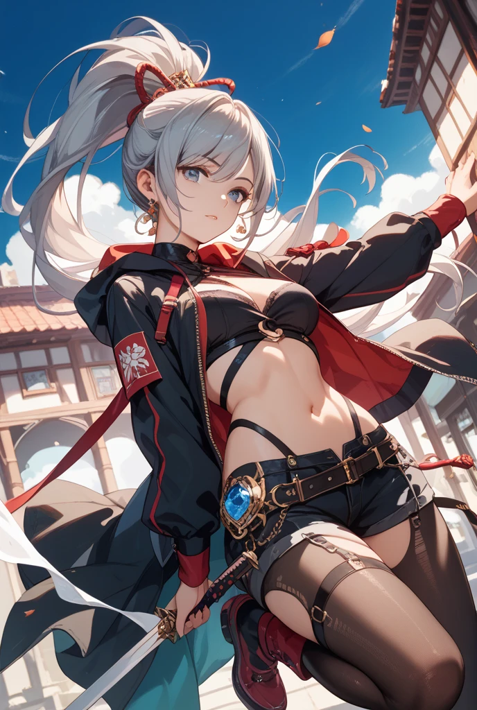 ((best quality)), ((masterpiece)), (detailed), NSFW, small breasts, prominent collarbones, skinny arms, flat stomach, visible hip bones, long hair, red hair, white hair, blonde hair, dark hair, ponytail, thick ponytail, heavy ponytail