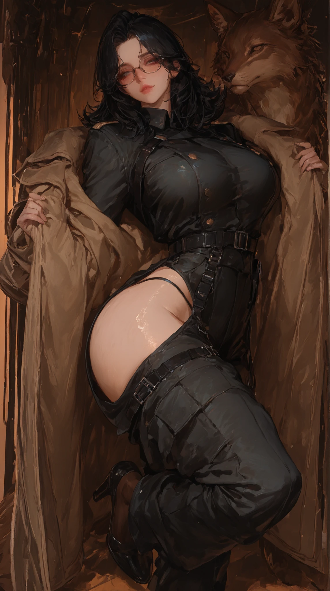 Black woman sexy athletic body big breasts hair with braids naked military jacket boot long barrel red woman --auto