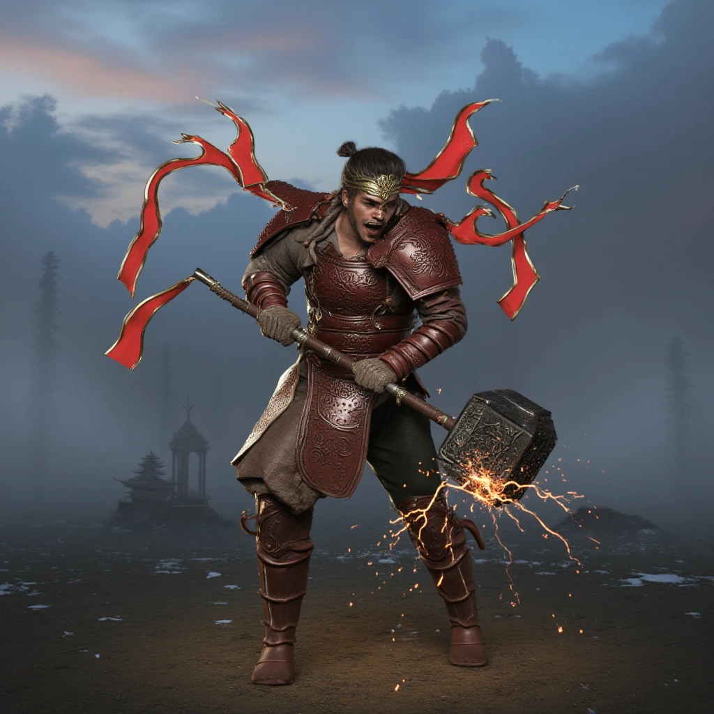 Illustrate a powerful, battle-hardened Eastern fantasy warrior standing on a mist-covered mountain pass during twilight. He is a muscular Half-Elf male with distinctly East Asian features, sharp jawline, high cheekbones, and long black hair tied back in a warrior’s topknot. His eyes glow faintly with inner fury and wisdom, reflecting his calm but deadly nature.

He wears a magnificent ornate mithral heavy plate armor stylized like ancient Chinese or Japanese ceremonial battle armor, incorporating flowing crimson and ivory silk banners, golden filigree, and protective magical runes carved into the plating. The armor is bulky yet elegant, designed for both divine protection and brutal combat.

Gripped tightly in both hands is a colossal legendary Earth Breaker warhammer, covered in storm-charged etchings that glow with lightning and thunder energy. The weapon looks impossibly heavy, yet he wields it as if it were an extension of his body. The hammer’s head is cracked from use, sparking with residual force.

His pose is dynamic — mid-step, roaring in a mighty battle cry, with one foot crushing a broken enemy weapon beneath him. His massive, well-defined physique is partially visible beneath his armor — especially his arms and shoulders, revealing hardened muscle and ritual tattoos.

In the background, shattered enemies, crumbling pagoda ruins, and ancient statues loom through the mist. The atmosphere is heavy with tension and ancient power. He is a lone titan of war, embodying honor, discipline, and unstoppable rage