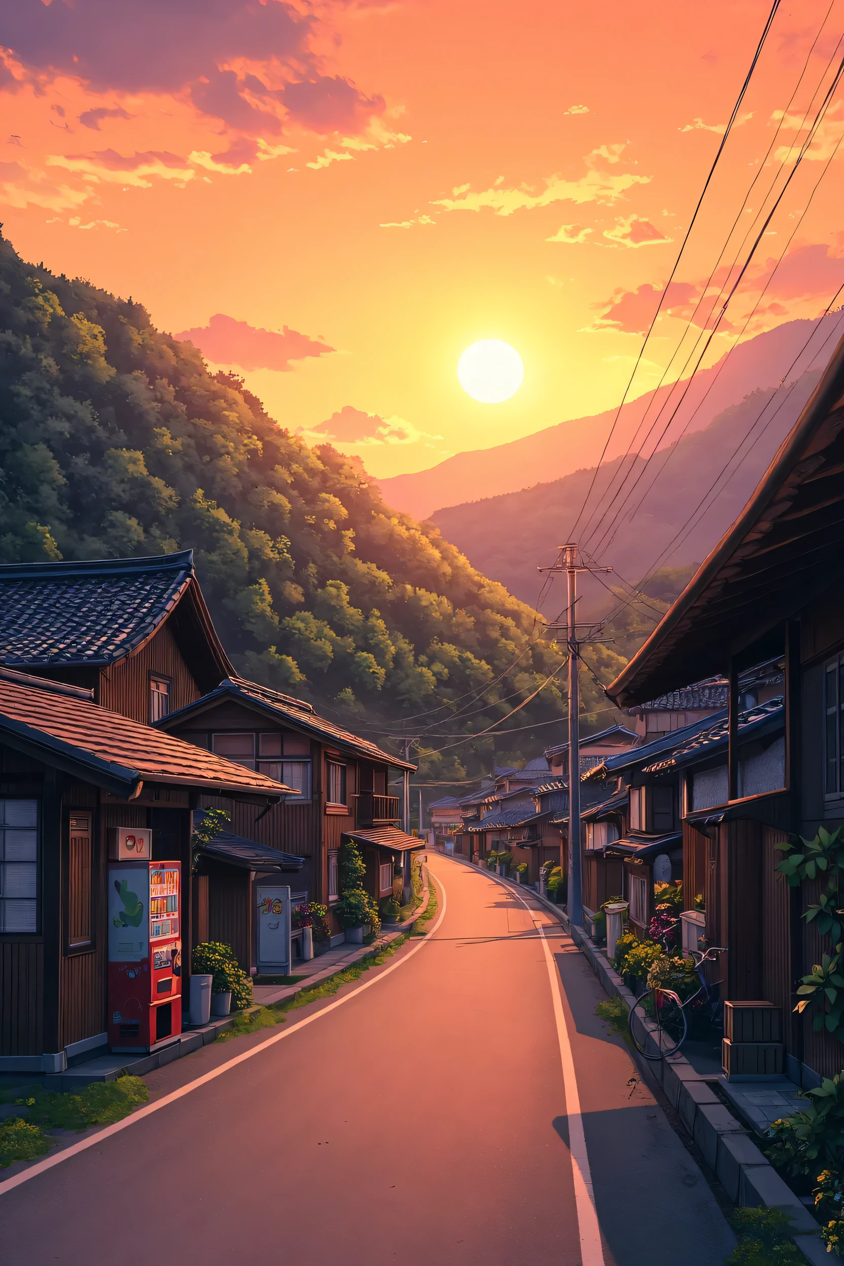 A peaceful Japanese mountain village at sunset, surrounded by lush forested hills and narrow winding roads. Traditional wooden houses with tiled roofs, power lines stretching across the scene, and small details like vending machines and bicycles parked by the roadside. The sunset bathes the entire landscape in warm, realistic hues of orange, pink, and soft purple, casting long shadows and a golden glow over the scene. The art style is detailed, emotional, and cinematic — inspired by Makoto Shinkai's Your Name, with realistic lighting, vivid colors, and atmospheric depth. A serene, nostalgic anime aesthetic full of life and subtle beauty