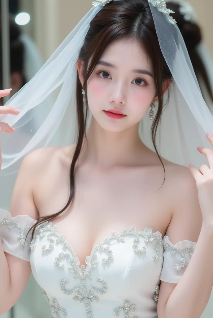 best qualitiy,杰作,The ultra-great resolution,(extremely lifelike:1.4),OriginalPhotographs,The skin,simple background,Black eyes,Detail,selfee, 1个女孩,The sunlight,Large breasts,Bandeau wedding dress,