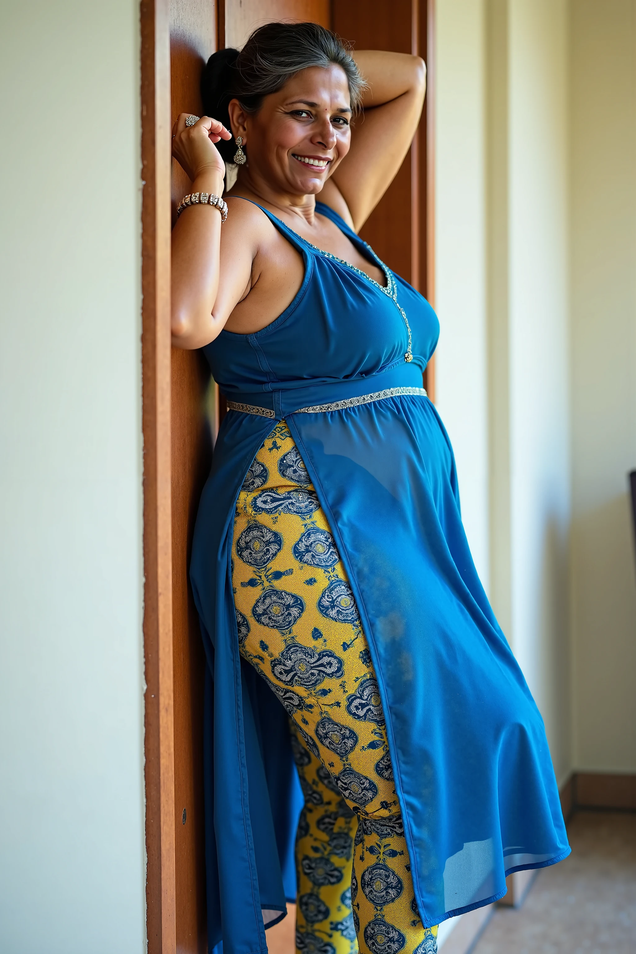 A radiant, full-figured South Indian 45 year old teacher wearing a blue colour stain nighty  standing hugging and kissing three 55 year old  bed room, , captured in a full-body image with vibrant hues and meticulous details. Full body image
