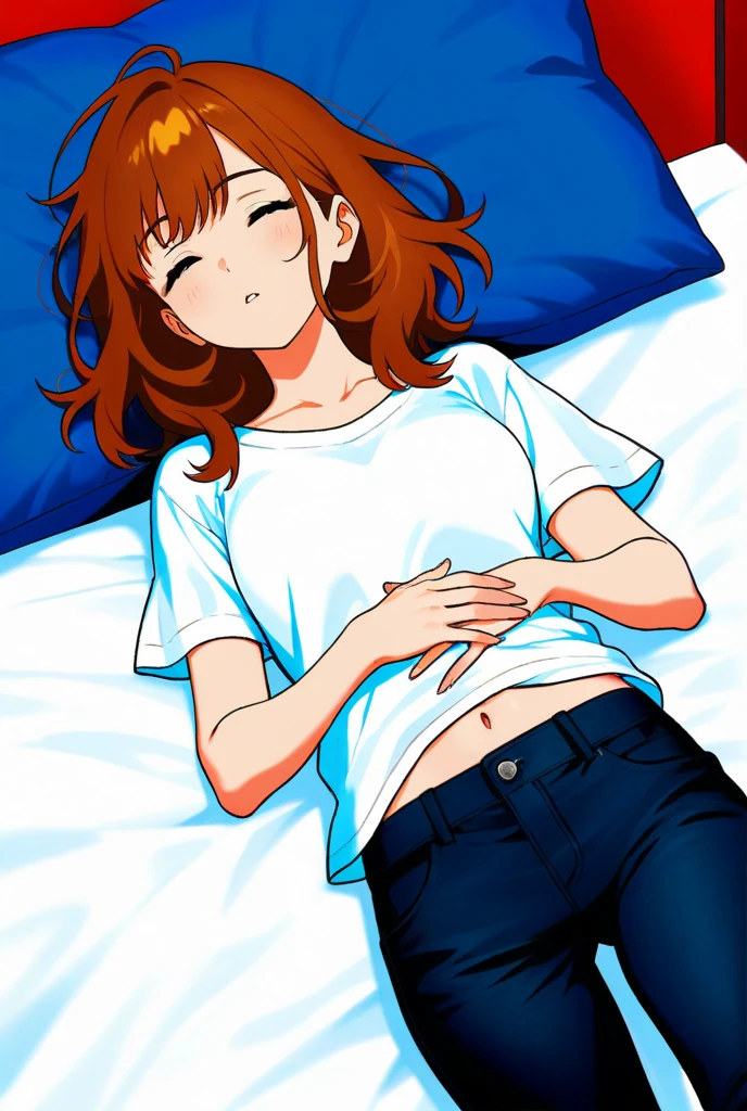 score_9_up, score_8_up, score_7_up, head to knee view, Gwendolyn_Tennyson, with medium breast, lean body, wearing camisole and panty, eyes closed sleeping on bed, sleeping position, asleep