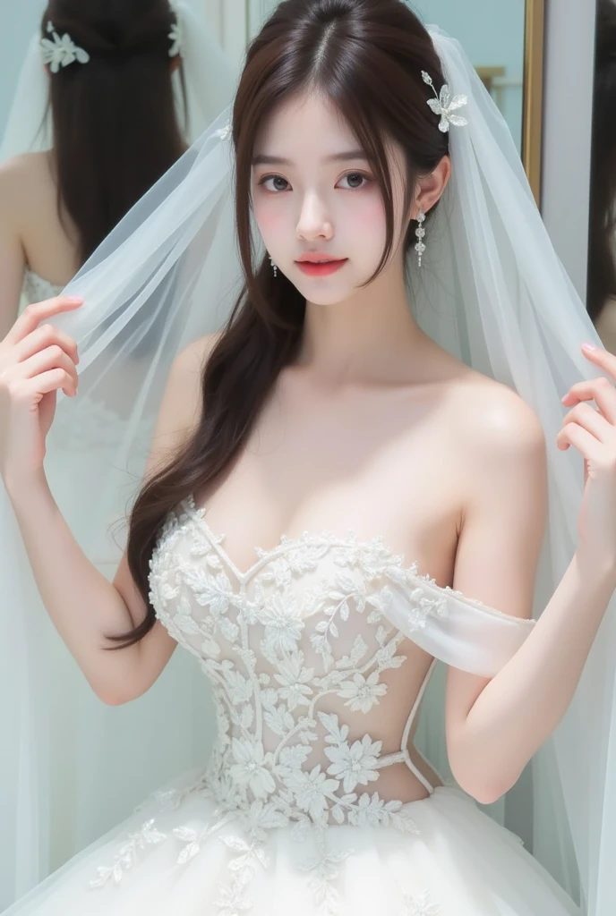 Best quality at best,tmasterpiece,photograph of-realistic,Complicated details,RAW photogr,White wedding photo,Gray wall on background,Photon rendering,rendering by octane,absurderes,ultra - detailed,详细的脸,Detailed skins,Trends on Artstation,8K masterpiece,cinmatic lighting,((1girl)),((独奏)),gigantic cleavage breasts,