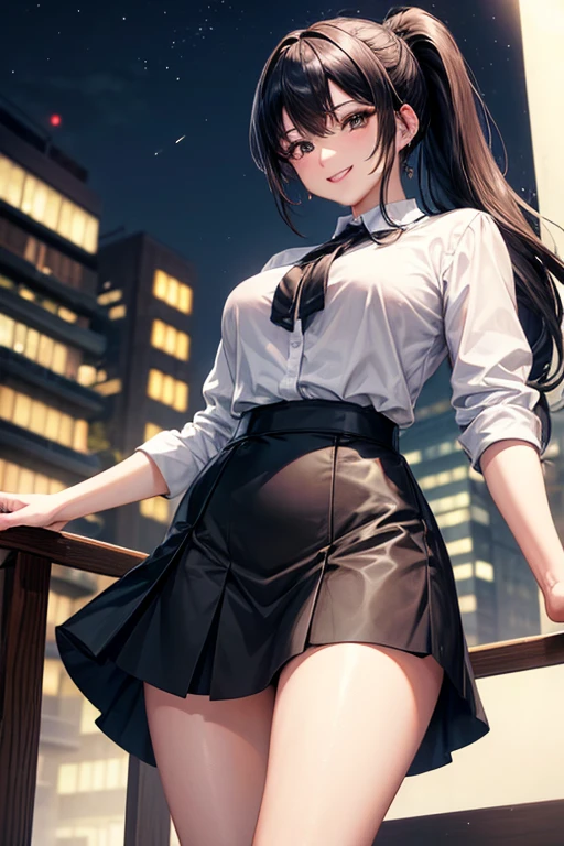 ((Tabletop, highest quality, High resolution, Hmph, Perfect Pixel, 4K, Hmph, Hmph))), 1 girl, single, alone, Beautiful woman、I could see the whole body、 ((Mid-wave hair, bangs, brown hair)), ((Brown eyes, Beautiful eyelashes, Realistic eyes)), ((Detailed face, blush:1.2)), ((Smooth texture:0.75, Realistic texture:0.65, Realistic:1.1, Anime CG Style)), Medium chest, Dynamic Angle, Perfect body, ((Red bow tie, , Black jacket, Open jacket, Brown cardigan, White shirt, Black Skirt, Checked skirt)), City Stairs、looking up from the bottom of the stairs、Very embarrassing panic smile, looked back、Lean forward、(The wind blew up her skirt, exposing her buttocks..、Hurry and hold my ass、Pink lace panties:1.3)、Camel Toe、Giant tit、Earrings、necklace、Bracelet、Caster wheel、first round、Plump、Super big breasts、Ahoge、Slut、Cleavage,Mole on chest、transformation、Odd Eye、Plump、Super big breasts、Super big butt