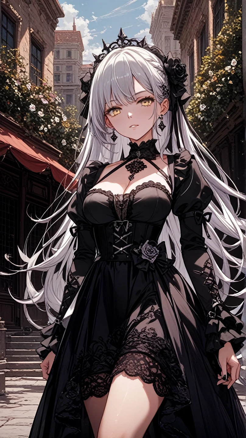 high resolution、8k、oil、1 Girl、18 years old、solo、Slim body、Gothic ta Fashion、Gothic Western-style buildingのホールに立っている、Cowboy Shot、Watching the audience、(Yellow Eyes、Slit eyes、Dark eyeshadow:1.3)、Silver straight long hair、Trimmed bangs、Tightly knotted mouth、Ear piercing、choker、Black and white gothic corset dress、Gothic decorated dress、Tulle lace、Black Ribbon、Tattoo on arm、bandage、Torn striped stockings、Patent leather high heel boots、Gothic Horror、Terror、skull、Rose、Gothic Western-style building、Murder scene、Dynamic Angle、Fighting Pose、