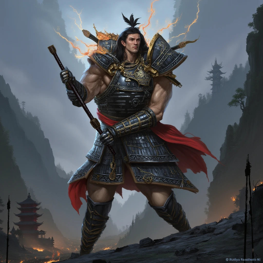 Illustrate a powerful, battle-hardened Eastern fantasy warrior standing on a mist-covered mountain pass during twilight. He is a muscular Half-Elf male with distinctly East Asian features, sharp jawline, high cheekbones, and long black hair tied back in a warrior’s topknot. His eyes glow faintly with inner fury and wisdom, reflecting his calm but deadly nature.

He wears a magnificent ornate mithral heavy plate armor stylized like ancient Chinese or Japanese ceremonial battle armor, incorporating flowing crimson and ivory silk banners, golden filigree, and protective magical runes carved into the plating. The armor is bulky yet elegant, designed for both divine protection and brutal combat.

Gripped tightly in both hands is a colossal legendary Earth Breaker warhammer, covered in storm-charged etchings that glow with lightning and thunder energy. The weapon looks impossibly heavy, yet he wields it as if it were an extension of his body. The hammer’s head is cracked from use, sparking with residual force.

His pose is dynamic — mid-step, roaring in a mighty battle cry, with one foot crushing a broken enemy weapon beneath him. His massive, well-defined physique is partially visible beneath his armor — especially his arms and shoulders, revealing hardened muscle and ritual tattoos.

In the background, shattered enemies, crumbling pagoda ruins, and ancient statues loom through the mist. The atmosphere is heavy with tension and ancient power. He is a lone titan of war, embodying honor, discipline, and unstoppable rage