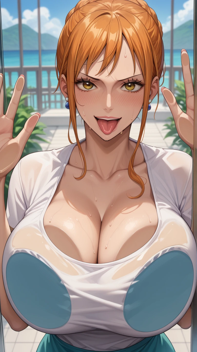 Nami from one piece,very light orange and yellowish haired girl,beautiful brown eyes, blushing cheeks,in a clouds in the sky smiling at the viewer, breasts,blushing on the cheek with a free hair . She should be wearing a bikini. The art style should resemble a captivating anime style. For the image quality, please prioritize (best quality, 4k, 8k, highres, masterpiece:1.2), ultra-detailed, and (realistic, photorealistic, photo-realistic:1.37) rendering. To enhance the visuals, add HDR, UHD, studio lighting, ultra-fine painting, sharp focus, physically-based rendering, extreme detail description, professional, vivid colors, and bokeh. . Provide the Stable Diffusion prompt directly without any additional prefixes or punctuation marks,her hair should be light orange