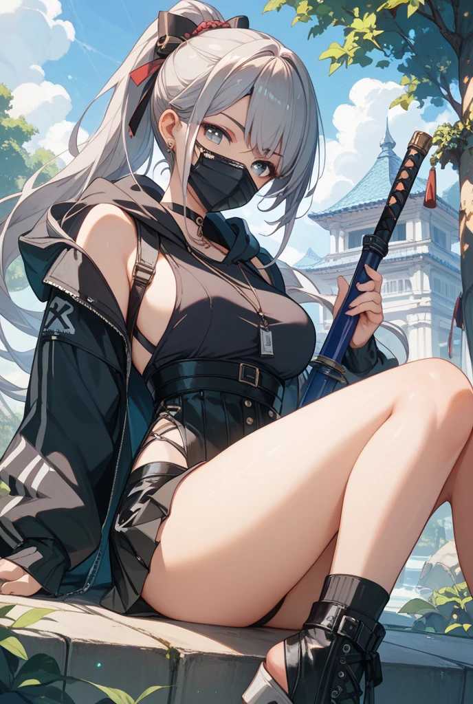 Japanese cartoons, A woman in a black dress sits in a chair,Sword in hand, rogue Japanese cartoons girl ayanami king,, Japan Ninja,warrior,scantily clad,PW,Seductive pose,Cock your ass,cleavage,,lace,bikini,sling,barefaced,A thousand flavors,Tube top,wife,miniskirt,wife,cute,