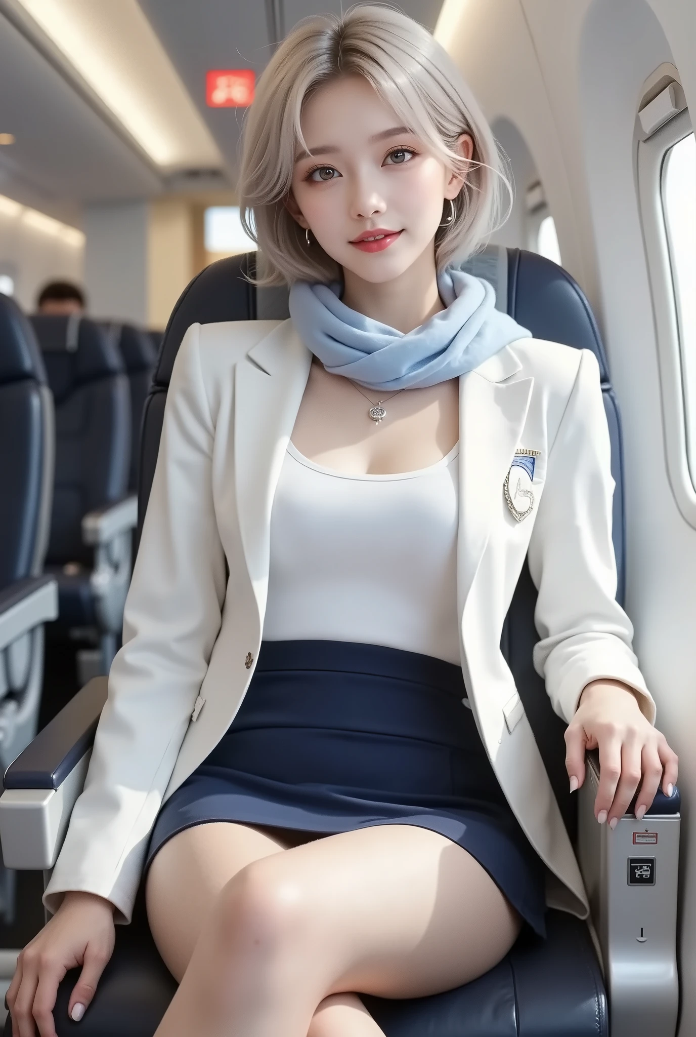 (((Commercial Aircraft、座席に座っているAssistant parser))())、(Assistant parser),top quality work、Actual Work、Ultra Premium Graphics、8K HD CG Works、 high quality graphics 、High resolution CG work、10x pixels、 Extremely fine details :1.1、High level of technical detail:1. 1 photorealistic 、natural light:1.5。light effect(Virtual Light Effects:1.8)、長い Silver Hair、 Silver Hair、 transparent hair、 Detailed Hair(Premium Hair Detail:1.1)Clear eyes、beautiful double eyelids、Sharp Eye Makeup、 delicate eyelash makeup 、fine eyebrows、Highly detailed eyes、high nose、Nice red lips、Rose Cheek、 Delicate Makeup Face 、cute face、Perfectly Proportioned Face、(Advanced Face Detail:1.1)、girl、Like a fairy in a painting、Slim and sexy legs、A beautiful face is beautiful and delicate、Like an exquisite jade carving、 Shows patience and wisdom。The nose is straight、Cherry Lip Color、Her face is clear、her skin is white as jade、gives a healthy glow、 Her makeup is light and subtle,Not too decorative,light-toned foundation enhances skin transparency。eye makeup:eyeshadow and eyeliner,Her eyes are bright and cheerful、Adds a touch of charm and refinement、((Assistant parser))、(White blazer、Chest Emblem))、(white blouse)、(( light blue scarf))、((Navy Blue Tight Mini Skirt))、((white panties are visible))、Tie your hair casually back、Fix with hosta、A few hairs are gently swaying in the wind。Add a little softness、It charmed everyone.。Elegance、Mystery、force、((full body angle))(shot from below)、(lift skirt)、long legs、((white high heels)),(Lift Up Skirt)、((Eyes closed))