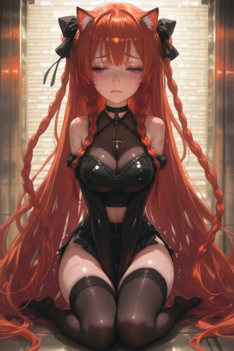 Anime Kawaii sexy Perfect Slim sensual body large breast and huge thighs, An intricate and highly detailed illustration of anime (Young girl). (work of art, Maximum quality, best qualityer, offcial art, beautiful and aesthetic:1.0), (8k, best qualityer, work of art:1.2), pretty long hair,(whole body:1.3), (breasts big:1.4), pretty long hair, high-heels, black thighighs, micro skirt, Red hair, tall girl, tupolev tu-22 bomber