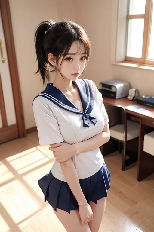 (A girl kneeling on the floor in front of a large window in a classroom), Beautiful school girl, Enchanting girl, Slender body line, Small and slender figure, Captivating Lips, Nagatoro, Top rated on pixiv, (beautiful girl, Baby Face:1.3), (Beautiful breasts:1.2), (Small beautiful butt), Surreal, Topics on pixiv, ((Sailor suits and miniskirts)), ((Detailed eyes and face:1.2, Professional photography techniques, Cinema Lighting)), (Detailed hands and legs:1.1), (Perfect Anatomy), ribbon,