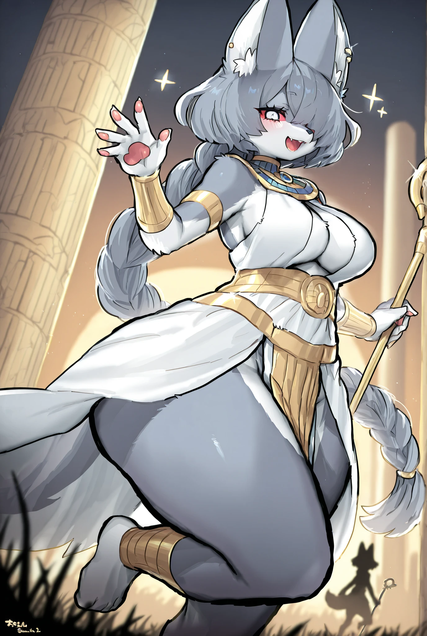 suurin 2, suurin \(ksyaro\), Suurin, anthro, no humans, wolf ears, ear piercing, jewelry, furry, furry female, wolf girl, body fur, two-tone fur, white fur, grey fur, animal nose, wolf tail, colored sclera, red sclera, white eyes, solo focus, [:hair over one eye, bangs, blunt bangs, kuragecut, bob cut, very big thick fluffy long braid:1.5], kemono, happy, dancing, white egyptian clothing, sparkles, one leg up, three-quarter view, [:anon crowd:0.15], looking at another, waving hand, tail, [:holding staff:1.5], silhouette, BREAK, masterpiece, best quality, high quality, detailed background, detailed foreground, backlighting, depth of field, [:bokeh, night, egyptian ruins, pillar, grass:0.2], perfect hand