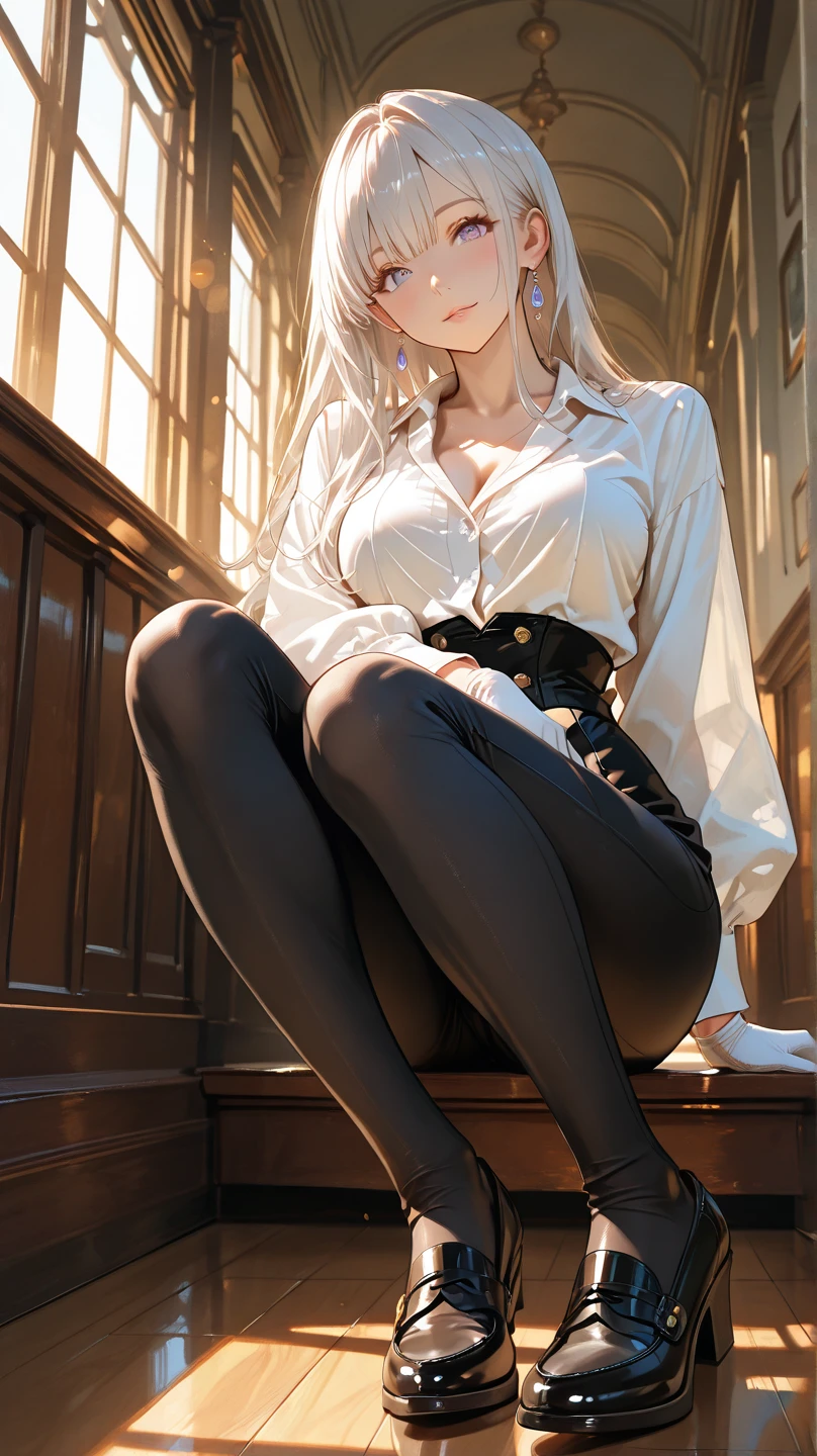1girls,silver hair,wear glasses,secretary,,(charming body),view from top,(huge )、huge Breast,huge breasts,Big breasts ,sits with legs spread,Sexy transparent lingerie,、perfect手, perfect手指, perfect, perfect fit, perfect身材, face perfect, perfect图像Realism, background for this, detailed clothing, Maikuro bikini、office,office女郎,pencil skirt,miniskirt,garters,fishing net,The shirt is unbuttoned、of librarians、Surreal、Realism、Unreal Engine、8K maximum resolution, (Masterpiece), Very detailed, ,(show g-string:1.6),big butt