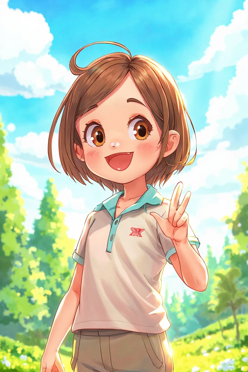 longshot、Cute girl smile、closing eye、Put your hands forward、Keep your palms facing up、Open your fingers、Sitting on a bench in a summer park