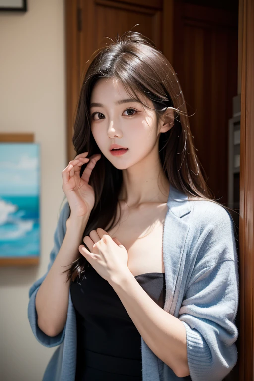 Best Quality, Masterpiece, Ultra High Resolution, (Realistic: 1.4), Original Photo, Far Photo, Skin, Simple Background, Black Eyes, Detail, Selfie, 1 Girl, Holding a Book, Sunshine,