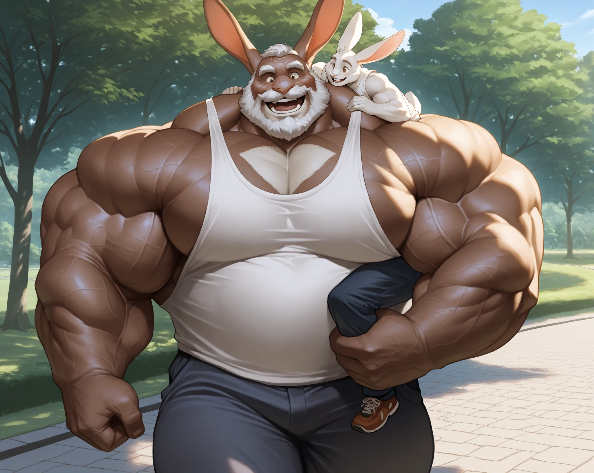 1boy, 1man, solo, a potrait (furry elephant, huge Trunk, huge tusk), (face:1.3, detailed face, bearded, beard, thick mustache), chubby, fat belly, huge belly, Park, extremely huge muscular, massive muscular , (topless, shirtless, shorts), well-muscled old man. ((extremely muscle size, super thick arms, huge pec, hyper pec, bigger chest, extremely wide pectoral , huge arms)), wide smiling. Add textures and details to make the image more realistic, such as the appearance of the. Make sure the resulting image is high resolution, 8K quality