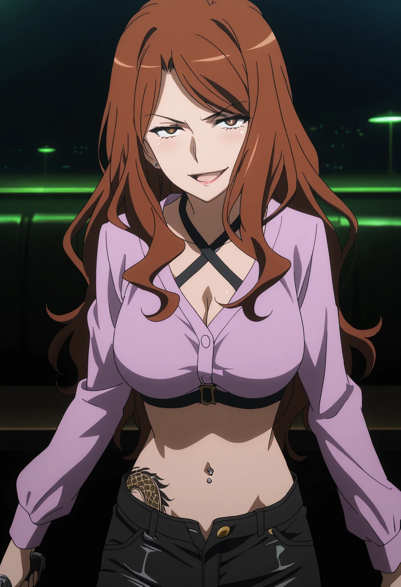 anime coloring, anime-style, anime screencap, detailed background, vignetting, masterpiece, high quality, absurdres, best quality, very aesthetic, newest, dynamic composition, anatomical correct, HD, 4K, digital art, trending on ArtStation, perfect body, perfect eyes, perfect fingers,, mugino shizuri, long hair, wavy hair, brown hair, brown eyes, bright pupils, looking_at_viewer,, 1girl, ear piercing, long hair, blush, lipstick,Hot girl, baddie, smoking, sensual, attractive, bar
background, inside bar, indoors, , casino, nightclub, city lights, masterpiece, best quality, highly detailed, a girls with a gun, evil smile , open mouth, sexy gaze, badass
pose , evil smile, smile, (nsfw) not safe for work, guns blazing, anime girl with long hair, beautiful long
haired girl, navel, evil expression, exposed belly, exposed navel, exposed midriff, exposed lower belly,
long black pants, cleavage, unbuttoned leather pants ,open fly, low rise black leather pants,
leather jacket, holding a gun, holding pistol, navel piercing , ,unbuttoned shirt, collared
shirt, knot,, criss-cross halter, dragon tattoo , narrowed eyes ,waist tattoo, , medium large breasts, , anime screencap , anime coloring,,