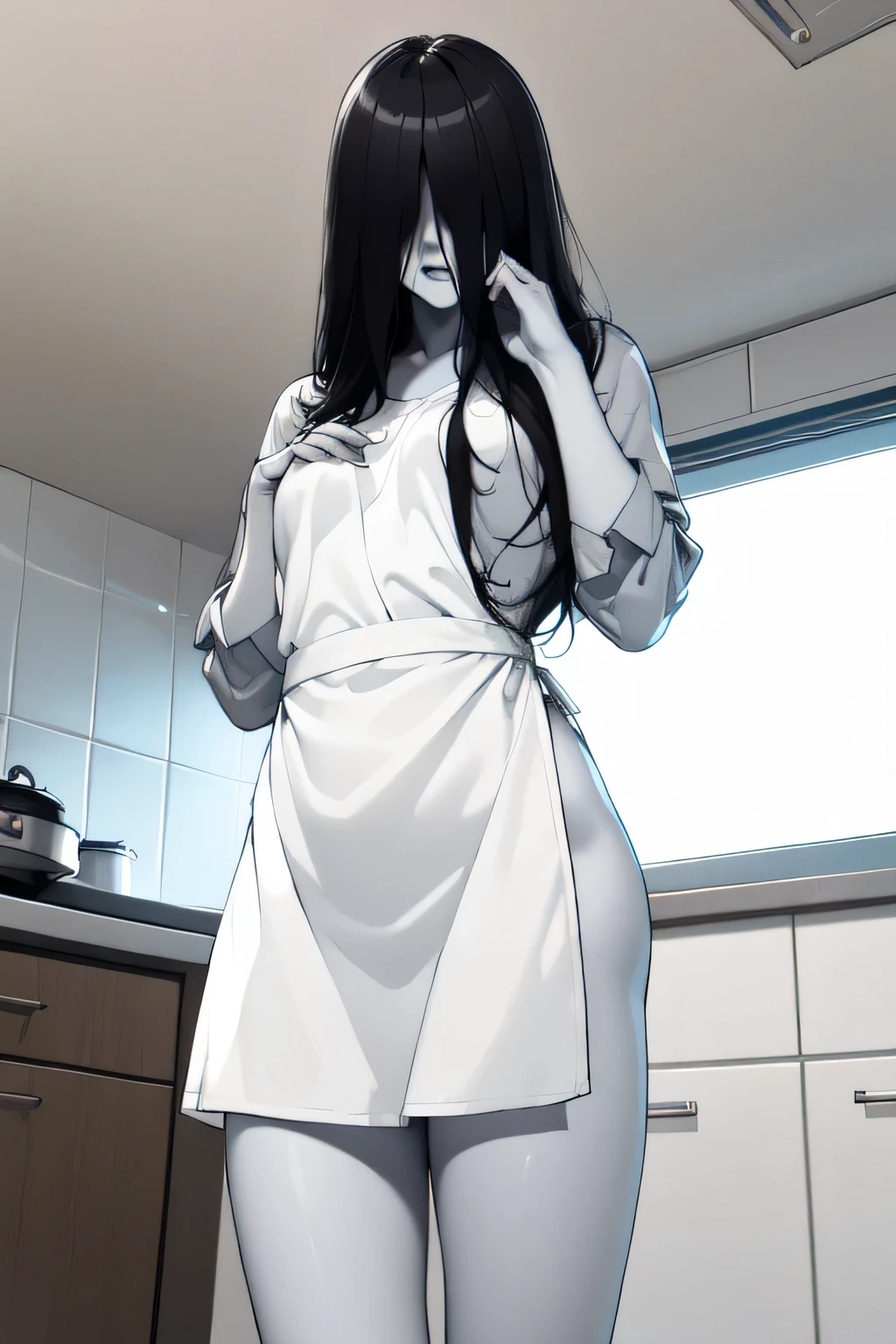 (masterpiece:1.3), (8k, realistic, RAW Photo, best quality: 1.4), (Sadako), ((Black hair covers eyes:1.3)), (realistic Face), beautiful fine details, (realistic Skin), beautiful skin, ((pale skin:1.4)), (( naked white apron)), ((small breasts)), ((small blests:1.4)), absurd, charm, ultra high resolution , super real, very well detailed, golden ratio, (( standing in the kitchen )), ((Midnight:1.2)), (steam:1.0), ((Front below:1.4))