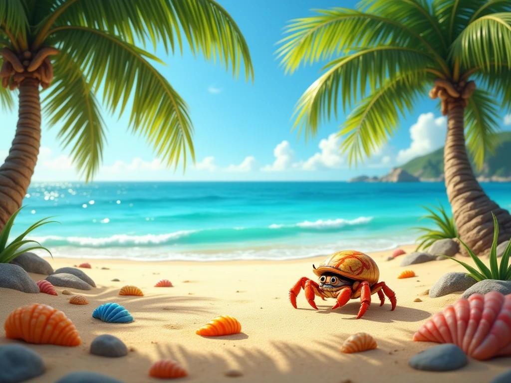 a crab is cleaning up trash on the beach, Garbage is sorted into three bins. (recycle, Organic, other trash)