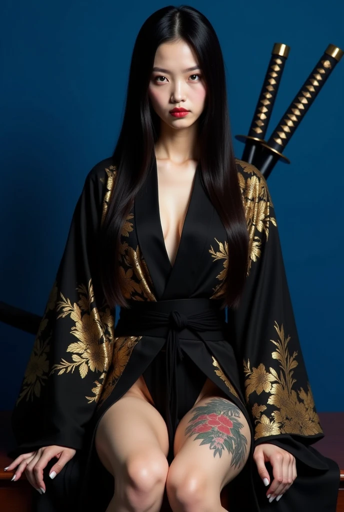 A captivating image of a Japanese woman, reclining on her back as she gracefully removes her traditional kimono. Her shoulders are bared, revealing a tattooed back, adding a modern and edgy twist to her traditional appearance. Her torso is naked, with loose and messy hair cascading down her shoulders and red cornels peeking from amongst the dark waves. Her lips are painted a bold shade of lipstick, accompanied by subtle and sophisticated dark makeup. The art is rendered in a hand-drawn style, inspired by the Art Nouveau movement, with intricate and delicate lines that evoke a sense of fluidity and grace. The loose and expressive brushstrokes give the
