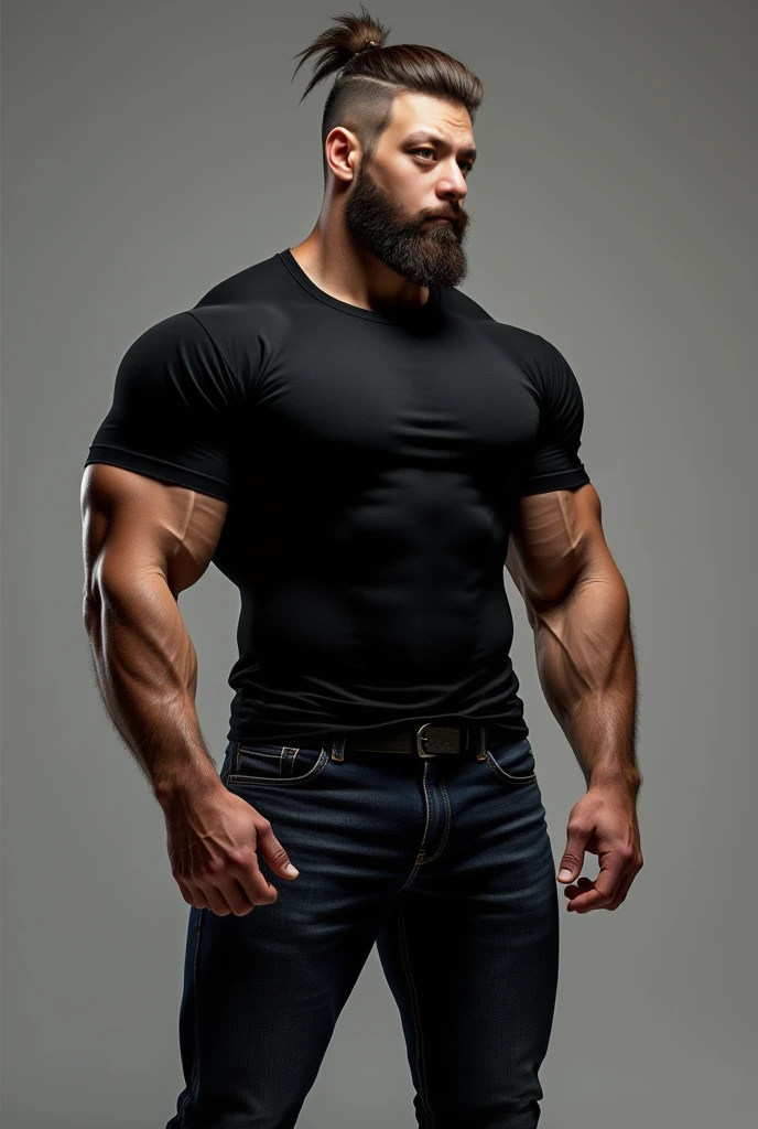 Obra maestra, mejor calidad, ultra detallado, 1 hombre, de espaldas, macho maduro, muscular, pedazo, bara, deportista, carne de res, negro skin, piel bronceada, latino, 36 years old, negro hair, brazos definidos, gray fur, barbas de chivo, cabello demasiado cortado, serious expression, camiseta gris, science fiction background, jeans de espaldas, jeans backside backside, bent over spread his cheeks