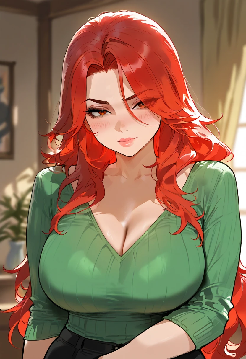 Lying on back, red hair, green eyes, large breasts, slender body, curvy hips, one arm above head, blushing, smile, bedroom, minidress