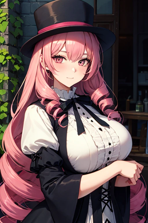 Perfect face. Perfect hands. A pink haired woman with violet eyes with an hourglass figure in a Gothic apron and crop top and shorts is serving tea in a Gothic kitchen with a big smile
