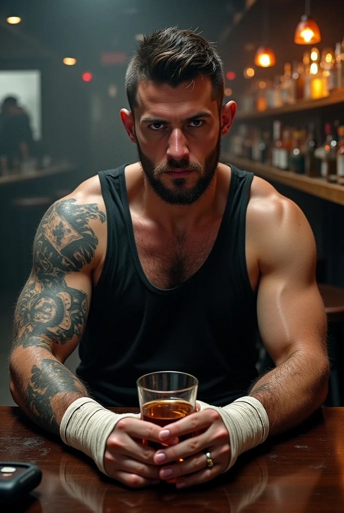 kratosGOW_soul3142, scar, beard, bald, armor, looking at viewer,serious, smirk, upper body shot, sitting behind a table, inside a casino, playing poker, holding cards, poker chips, neon lighting, crowd, high quality, masterpiece,
