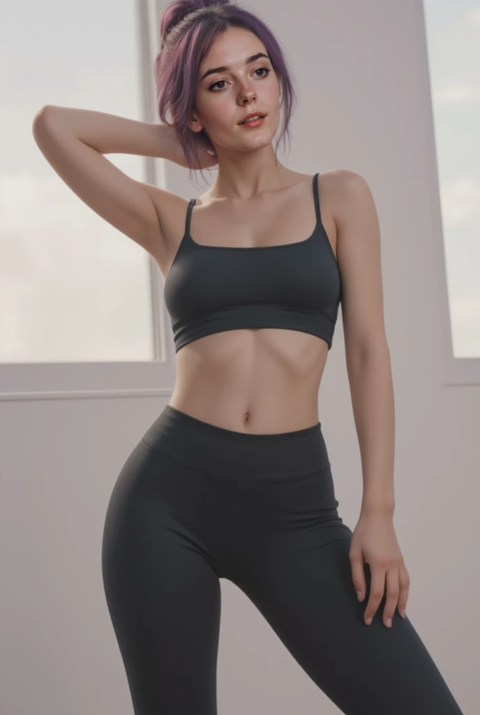 best quality, masterpiece, (photorealistic:1.4), 1girl, serious expression , black crop top and short pants, working out, pink hair, waist up, dramatic lighting, from below looking at the camera
