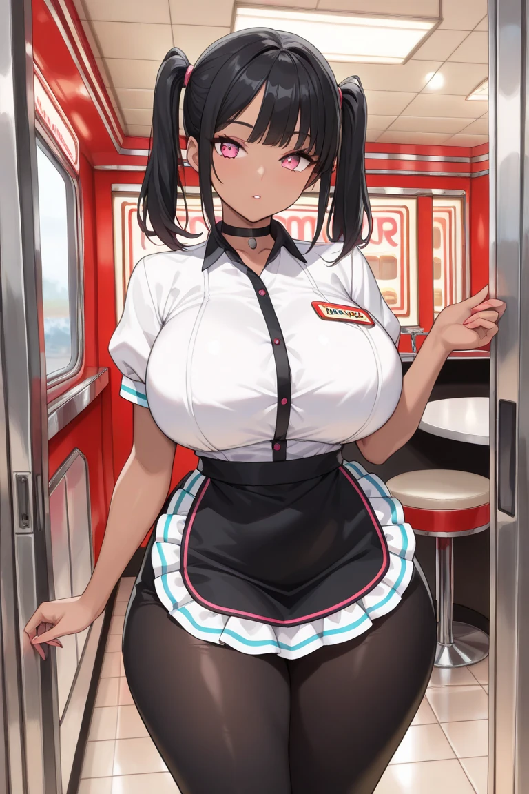 (Night:1.7), in a mcdonald restaurant,
Standing at attention,
employee uniform,red shirt, Black_pencil_skirt,black_pantyhose,
<lora:Miyamoto_Enka_storemanager-KK77-V1:0.7>,red visor cap with W logo,
bangs,black hair,long hair,purple eyes,
1 girl, 20yo,Young female,Beautiful Finger,Beautiful long legs,Beautiful body,Beautiful Nose,Beautiful character design, perfect eyes, perfect face,expressive eyes,
looking at viewer,
official art,extremely detailed CG unity 8k wallpaper, perfect lighting,Colorful, Bright_Front_face_Lighting,shiny skin,
(masterpiece:1.0),(best_quality:1.0), ultra high res,4K,ultra-detailed,
photography, 8K, HDR, highres, absurdres:1.2, Kodak portra 400, film grain, blurry background, bokeh:1.2, lens flare, (vibrant_color:1.2)
(Beautiful,large_Breasts:1.4), (beautiful_face:1.5),(narrow_waist),