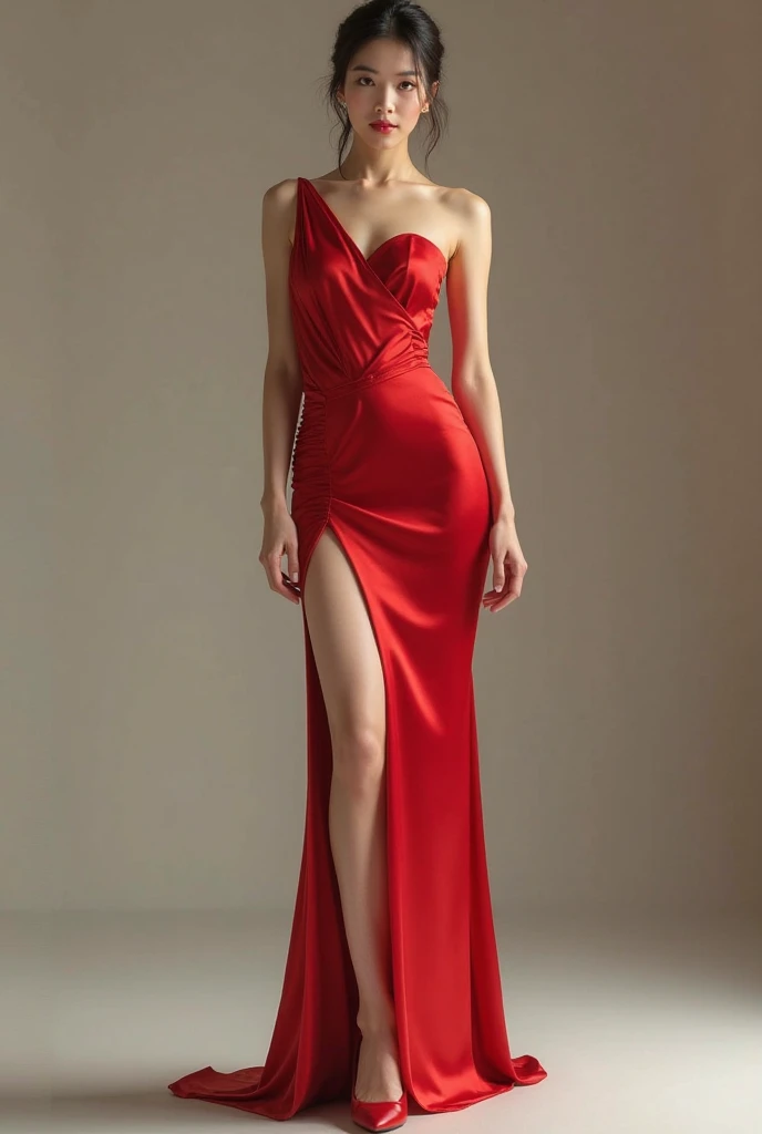 a woman in the translucent silk red gown, tight full body tied, satin sheet, nipple on with nipple piercing, wearing translucent veils, faceless, face cover with satin veil, satin hijab, full body, long satin,mermaid tight long gown, flowy dramatic long gown, tall women, satin bed, strugle to walk, wear high heels, satin bed, masterpice 