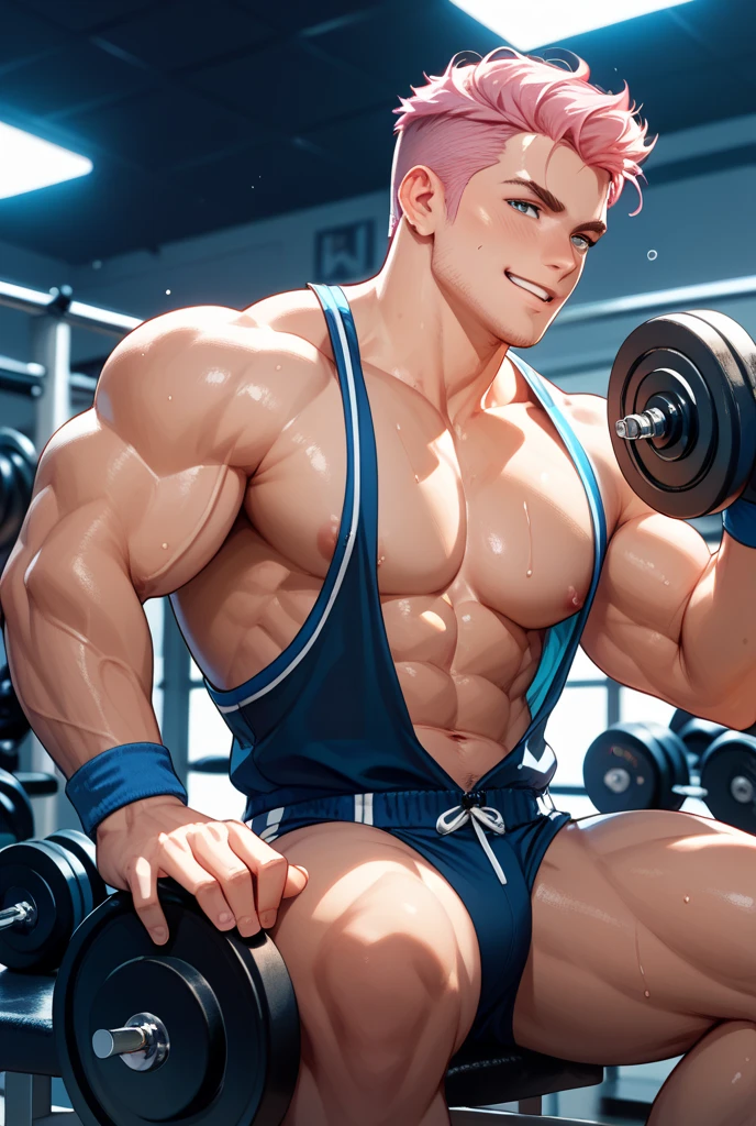 NSFW , masterpiece, best quality, detailed face, natural eyes, 1man,, muscled and mature MAN ,handsome hunk  stephen amell as an athlete  TOTALLY NAKED SHOWING HIS HARD COCK AN BALLS , sweating,, in a gym, doing dumbbells