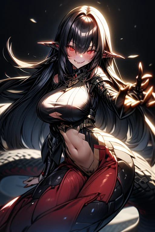 ((masutepiece, Best Quality)), ((hight resolution)), (photos realistic), Best Shadow, high detailing, Very detailed, (nice hand, Perfect hands), (Face Focus:1.2), ((1girl)), Beautiful Girl, 25 years old, (black long Hair:1.5), (normal breasts:1.3), (view from front), (Very slender:1.3), (Cute face:1.3), (look at viewer:1.4), detailed facial features,droopy eyes, Crisp focus, perfect beautiful body and face, Perfectly focused, Long bangs, (in the castle:1.4), (enchanting smile:1.5), ((fantasy)), ((glay skin:1.4)), ((red snake eyes)), ((demon horn:1.4)), ((dragon tail:1.3)), ((black armored dress)), sitting, cross legs, ((evil sword:1.3)), flame