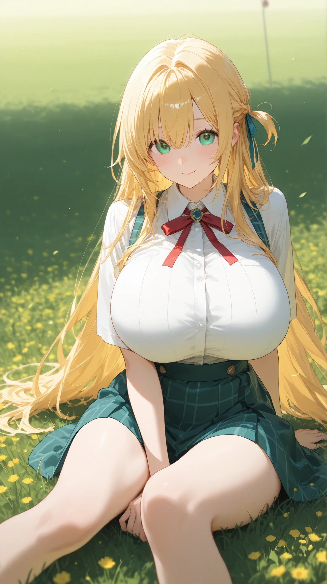 (8k, highest quality, masterpiece:1.2),\(Green Eyes\),(\(Garment Details\)\),cowboy shot,(Huge boobs) ,Very detailedなCG Unity 8k 巨大なファイルサイズ,Very detailed,High resolution,Absurd,Beautiful Eyes,Ray Tracing,Dramatic Shadows,finely,Hyper Detail,(1 girl:1.3),(alone),(Blonde girl),wear(Cosplay_,Latex skirt、Cute green and white ruffled latex shirt),blush、Thick thighs、hot、Haa、Simple Background、Knee socks、Sitting on the floor、