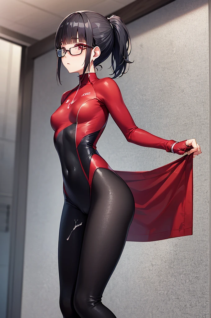 (masterpiece, sidelighting, finely detailed red eyes: 1.2), ((best quality)), ((masterpiece)), (highly detailed:1.3), anime, young girl, , childish body, bodytight shirt, turtleneck, open jacket with long sleeves, body tight shorts, pale skin, (shadowed eyes, darkened eyes), (smirk, mischevious grin), (short-medium hair, brown hair, messy haircut, hair between eyes, hairclips on left side), ((red stripped tights with black lines)), earrings, red tatto on left hand, hands behind back, scar on left hip, solo, 1girl, walking down the street,