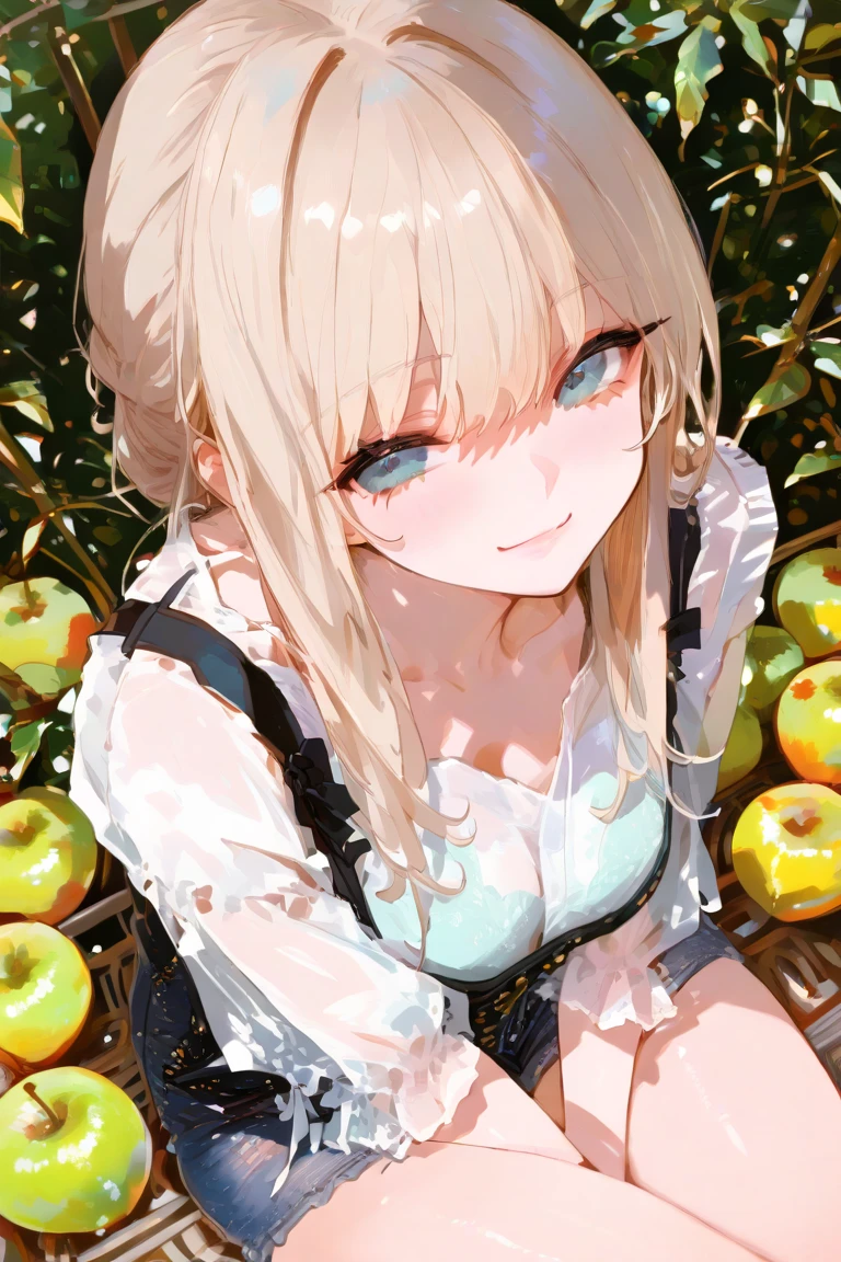 absurderes, ultra-detailliert,bright colour,(in 8K:1.3),masuter piece,extremely beautiful detailed face and eyes,(Surrounded by a lot of fruits:1.5), (Smooth straight blonde hair:1.3), (Shiny hair:1.2),(Pattsun bangs:1.2) Delicate beautiful face, red blush、(Deep Blue Eyes:1.3),(Sweater and black tights:1.3), Lakes and waterfalls in autumn, School uniform, Natural Nice Spot,Happy, Detailed face,