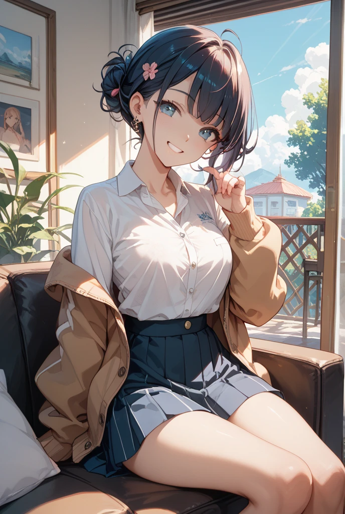 (Highest quality, High resolution, Masterpiece, 4K), (Soft light、Luster of hair、Beautiful eyes)、young woman、The whole body is visible、Adorable smile ((Wavy medium short hair, bangs, Chestnut Hair)), ((Wistful eyes、Gray Eyes, Perfect Eyes)), ((Detailed face, blush:1.1)), ((Smooth texture:0.75, Realistic texture:0.65, Realistic:1.1, Anime CG Style)),Medium chest、A body with just the right amount of flesh、(Sexy thighs、I see beautiful legs)、Purple off-the-shoulder sweater、Pleated skirt、Cute Necklace、Earrings、Angle from the front、Peeking into this、Sit at your desk、Hands behind back、Composition from above、White pumps