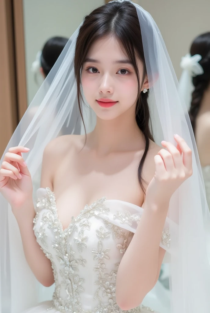 there is a woman in a wedding dress sitting on a floor, cindy avelino, wearing organza gown, with backdrop of natural light, wearing long gown, white gown, milky white skin, wearing a wedding dress, with an elegant smile, ethereal beauty, inspired by Kim Dyang, inspired by Juan Luna, elegant smiling pose, pastel