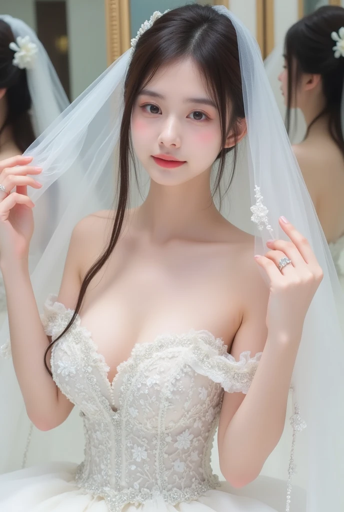 ((Best Quality, 8K, Masterpiece: 1.3)), 1girl, Full body photo heels perfect body beauty: 1.3, (casual hairstyle), (Queen), (exposed big breasts), (wedding dress), super fine face, delicate eyes, double eyelids, smile, bandeau skirt, lace panties,