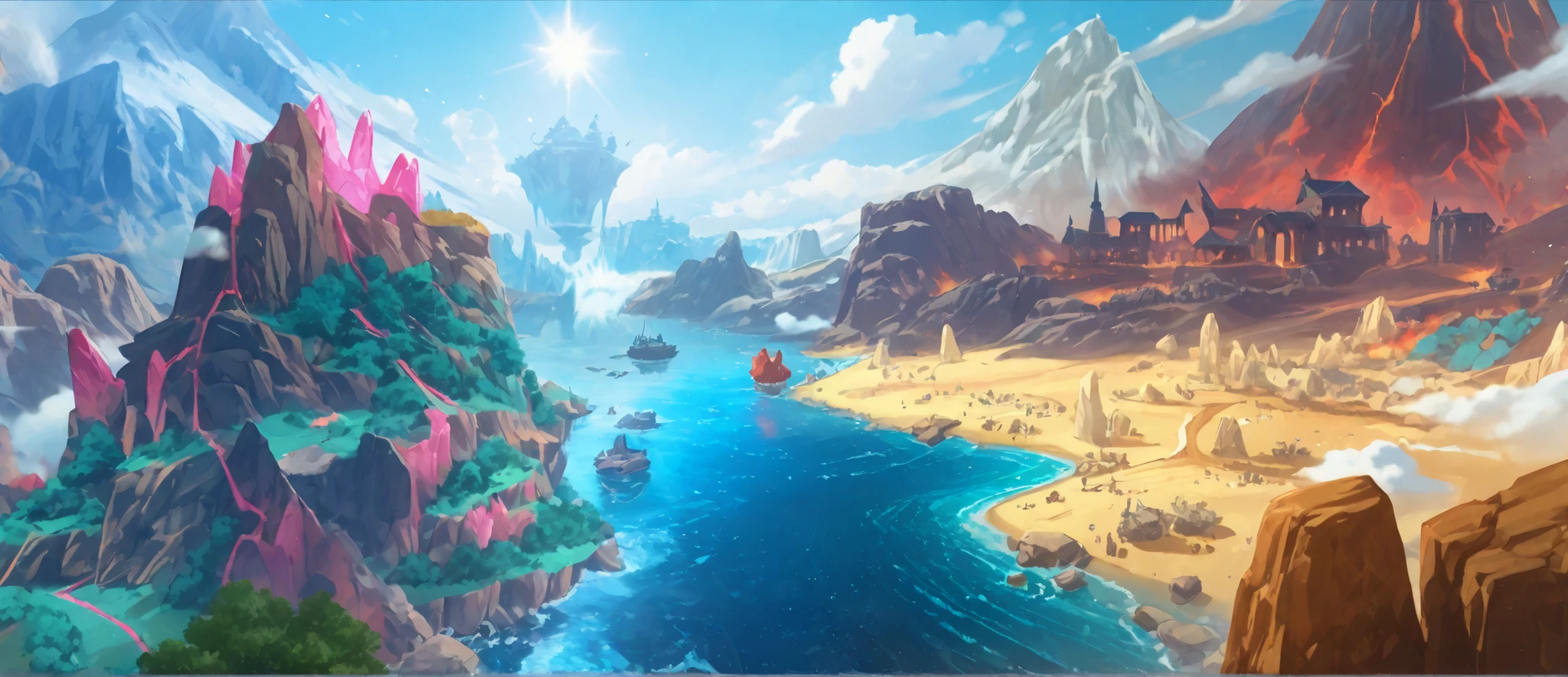 The right side is a volcanic area with lava flowing,ice、water、Fire element ,Fantasy World Elements Panorama,粉色water晶矿山,The middle of the picture is a blue river in the background,There is a small sailboat on the river,The plain has a huge ivory or skeletal structure,Below the volcano is a desert plain,The bright sun shines on the clear blue sky,At the end of the river,远处有ice峰雪山,The bright sun shines on the clear blue sky,A floating castle on the left,high quality,Rich details, 8k resolution,Game art style,brightly colored,Dramatic lighting,Magnificent Scene,game concept scenes