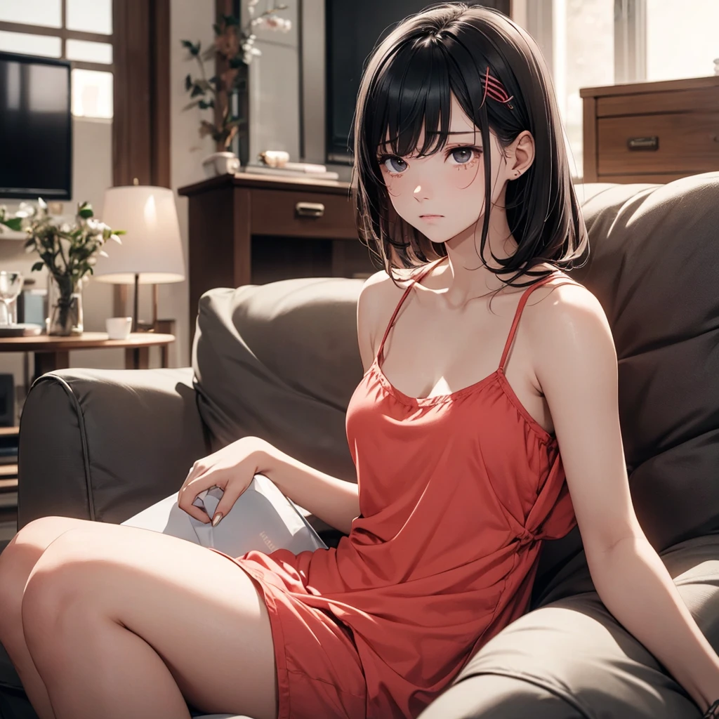 highest quality、Realistic、female、、zoom、Orange Eyes、Very short black hair、Orange bridal lingerie、Sunburn。Dark Skin、Bedroom、Sit on the bed、With your legs apart