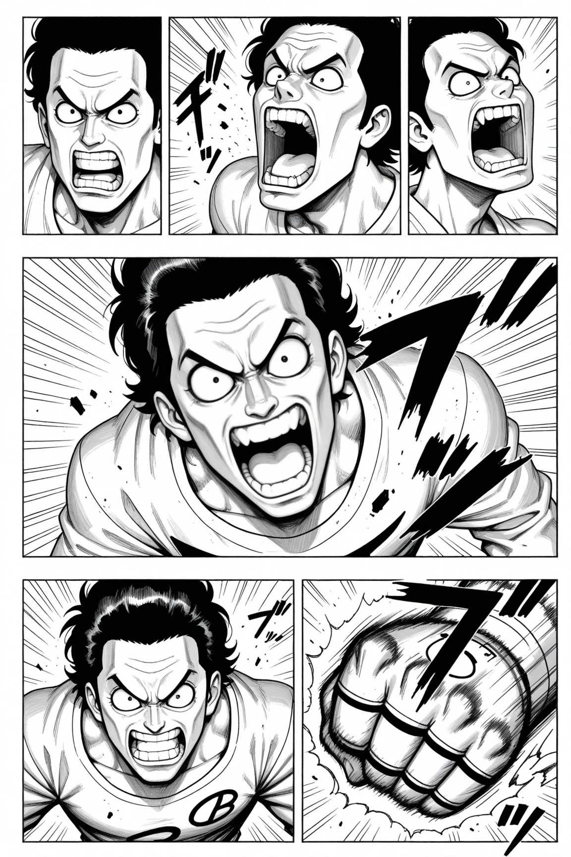 high resolution, manga, clear line, monochrome, handwritten style, from front, hunk, looking down and mouth very wide open with agony face, middle aged man, yell out, shirtless, stick out tongue,