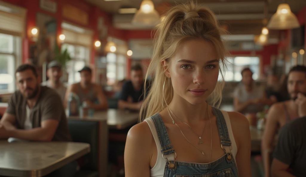 a beautiful blonde girl, 21 years old, short hair, blue eyes, silky skin, full breasts, full lips, wearing a bikini, is sitting at a table in a fast food restaurant, holding in her hands a hamburger and smiling while eating it. Style (warm tone, warm tone): 1.2), Close-up, cinematic light, side lighting, ultra high resolution, Best shadow, ..RAW.