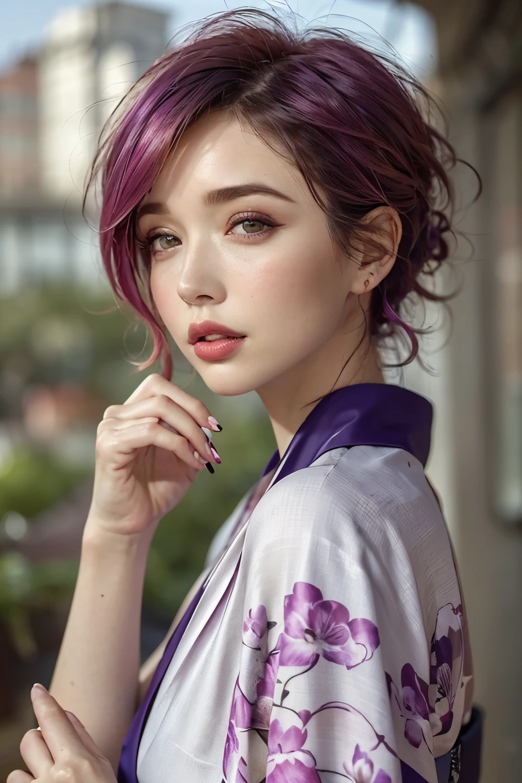 大きな袖口を持つ45 years oldの高齢female((large fuchsia eyes、large reddish purple spots))あごが非常に細い年配のfemale((short fuchsia-dyed fuchsia hair with bangs))beautifulフクシア色の唇、long eyelashes(beautiful 45-year-old woman wearing a gorgeous kimono with a kudzu leaf and kudzu flower pattern1people々)beautiful, smooth, silky skin((combing short hair with a fuchsia comb))Gorgeous obi((luxurious kimono with arrowroot flowers and vines))45 years old1people々female(place your hands on your cheeks)look away、from the side、Dynamic Poses