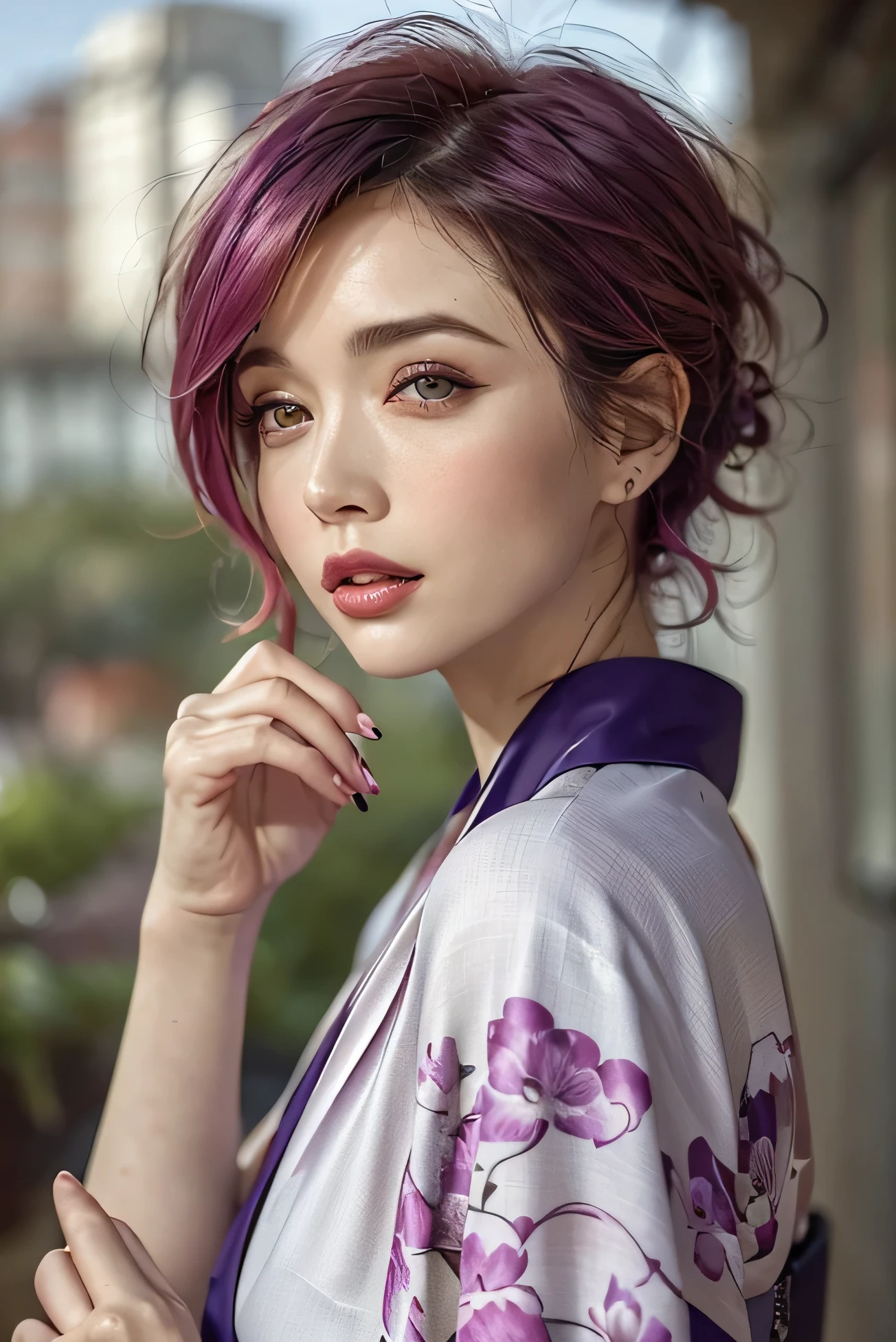 45 year old female with big cuffs((Big fuchsia eyes、Large reddish-purple splotches))An older woman with a very thin chin((short fuchsia dyed fuchsia hair with bangs))beautiful fuchsia lips、long lashes(Beautiful 45-year-old woman wearing a gorgeous kimono with a kudzu leaf and kudzu flower pattern1people)Beautiful, smooth, silky skin((赤紫のcomb over short hair))Gorgeous obi((Luxurious kimono with kudzu flowers and vines))An elderly 45 year old1people女性(Put one hand on your cheek)Looking away、from side、dynamic pose