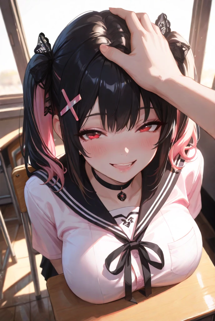 looking ahead,from above,slouch,handjob,side view,face focus,open mouth,tongue out,cum on tongue,Licking a white dildo,(1girl,Beautiful 14 year old girl),((Slender,Small breasts,Baby Face,Small face,)),looking at viewer,Black Hair,bangs,two side up,Gray Eyes,Drooping eyes,slit pupils,narrow eyes,ollarbone,black t-shirt,off-shoulder look,Black and red checkered short skirt,Beautiful and detailed anime art,Mischievous smile,Dimly lit room,Simple Background,Gray background,Low lighting
