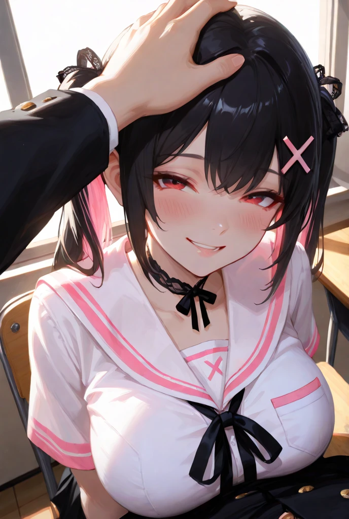 (best quality, ultra detailed:1.2),shinomiya kaguya,kaguya-sama wa kokurasetai ~tensai-tachi no renai zunousen~,folded ponytail,parted bangs,forehead,red eyes,black hair,hair ribbon,red ribbon,short hair,tsurime,skinny,shuuchiin academy ,black dress,collared dress,neck ribbon,long sleeves,large breasts,BREAK crying,(face close up:1.2),((1man and 1woman,fellatio,penis,))